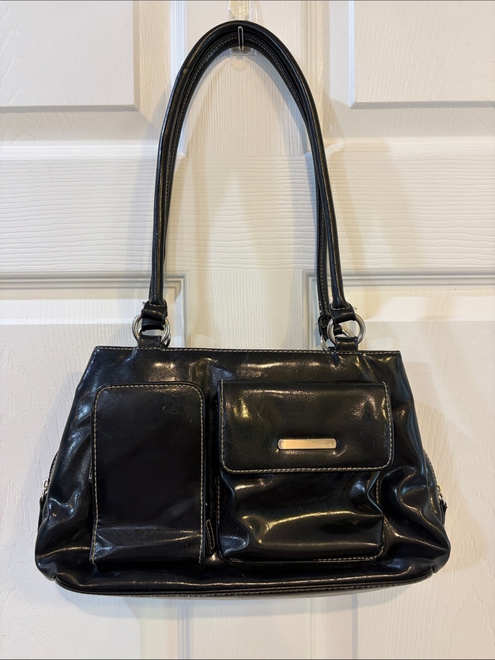 Black Vinyl Shoulder Bag - Classic Patent Finish